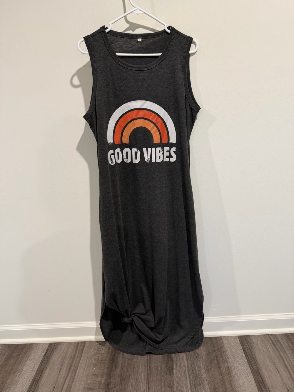 Good Vibes Sleeveless Maxi Dress - Charcoal with Orange & White Graphic